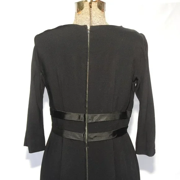 Vintage 50's 60's Black Crepe Cocktail Party Dress Ribbon Rosettes SM by Pavelle - Picture 8 of 10